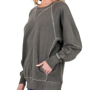 Zenana Pigment Dyed Crewneck Pullover With Pockets A50-A54
